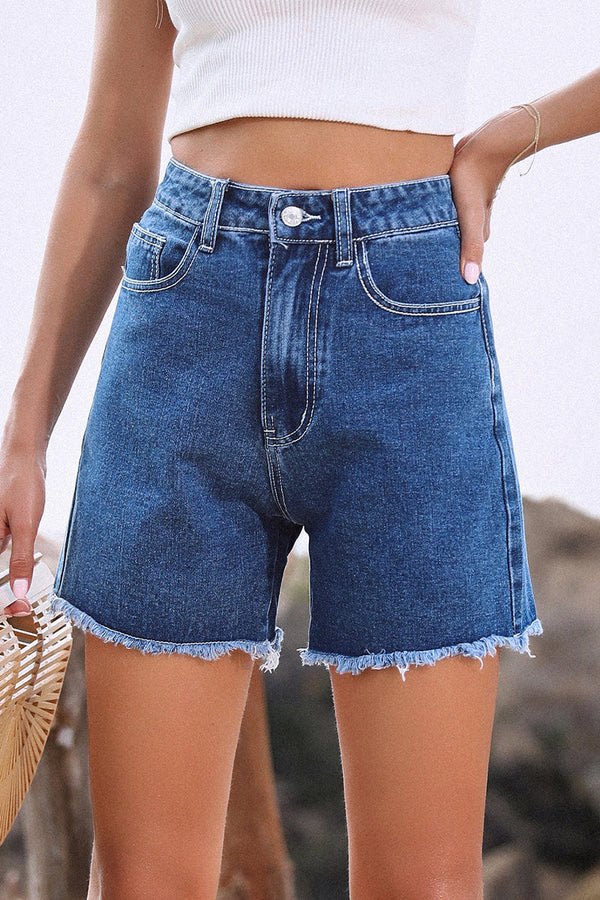 Isadora - Rå Kant Højtaljede Denim Shorts