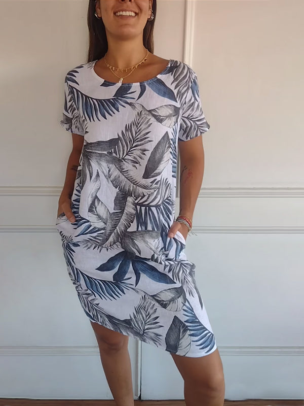 Larissa - Dame Sommerkjole Med Bladprint Korte Ærmer