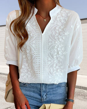 Line - Broderi Dame V Hals Bluse
