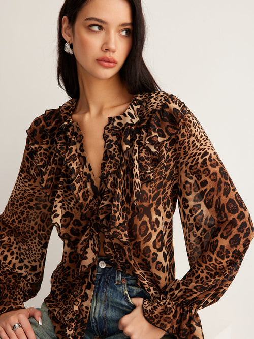 Rikke - Damebluse Med Leopardprint Flæsekrave