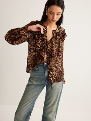Rikke - Damebluse Med Leopardprint Flæsekrave