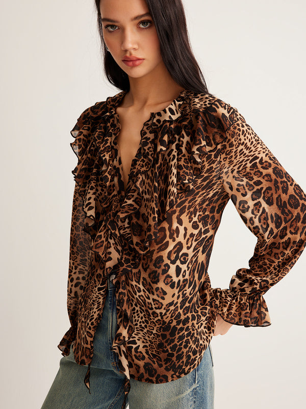 Rikke - Damebluse Med Leopardprint Flæsekrave