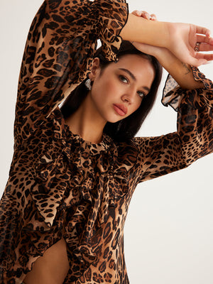 Rikke - Damebluse Med Leopardprint Flæsekrave