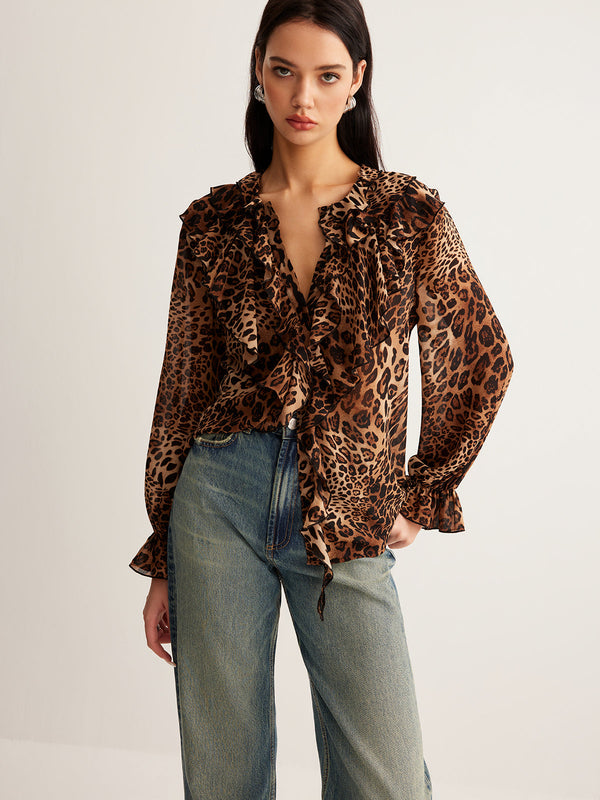 Rikke - Damebluse Med Leopardprint Flæsekrave
