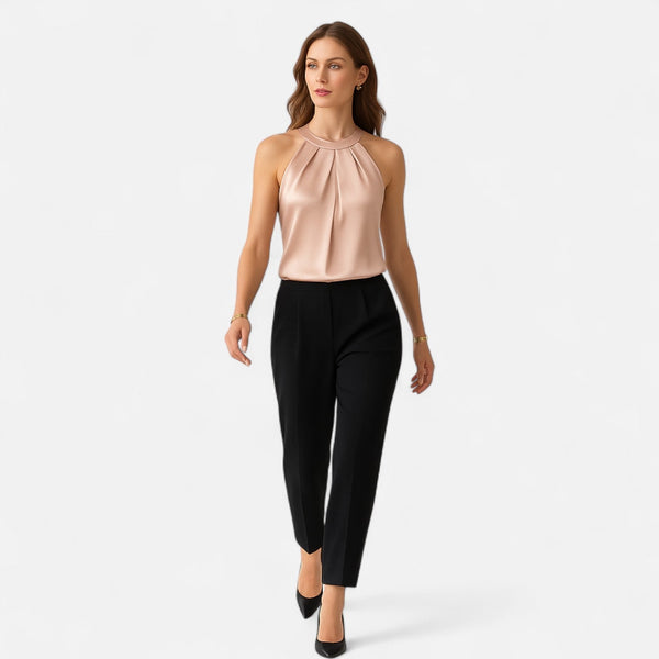 Julie - Dame Satin Halterbluse Med Plissering