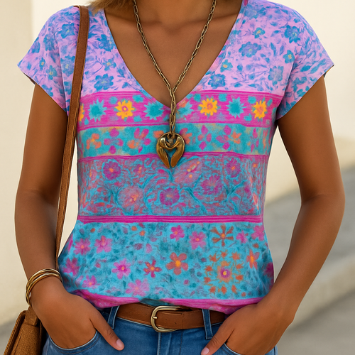 Karen - Blomsterprint Korte Ærmer V-Hals T-Shirt