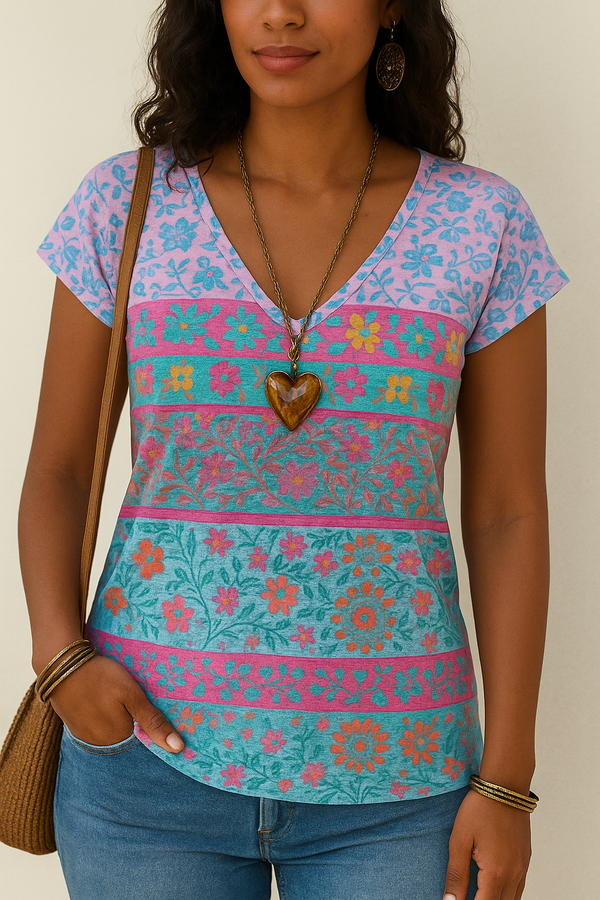 Karen - Blomsterprint Korte Ærmer V-Hals T-Shirt