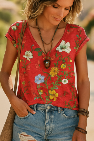 Jonna - Dame V Hals T Shirt Med Blomsterprint