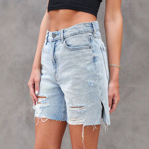 Evelina - Dame Distressed Denim Shorts Med Slids