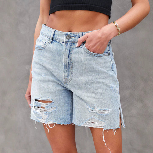 Evelina - Dame Distressed Denim Shorts Med Slids
