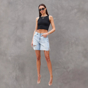 Evelina - Dame Distressed Denim Shorts Med Slids