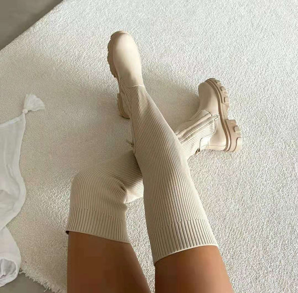 Jadyn - Dame Overknee Støvler Med Stretch Mellemhøj Hæl