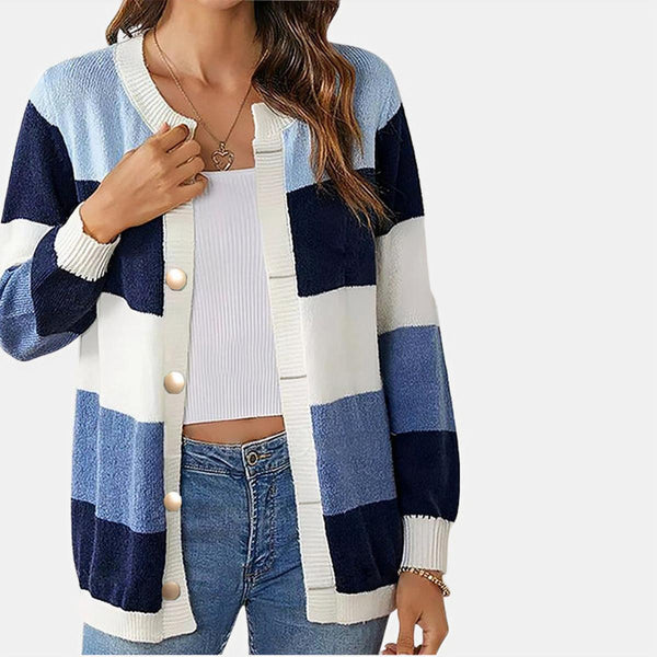 Ellen - Dame Stribet Strikcardigan Med Knapper