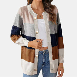 Ellen - Dame Stribet Strikcardigan Med Knapper