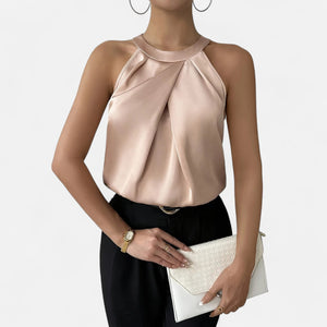 Julie - Dame Satin Halterbluse Med Plissering