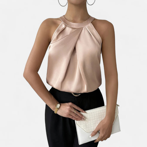 Julie - Dame Satin Halterbluse Med Plissering