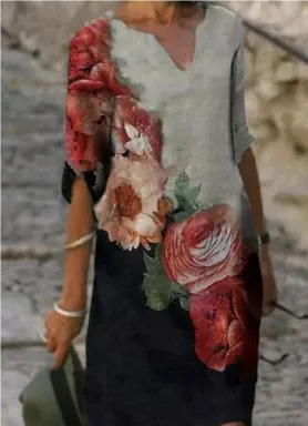 Lori - Dame Midikjole Med V-Udskæring Blomsterprint